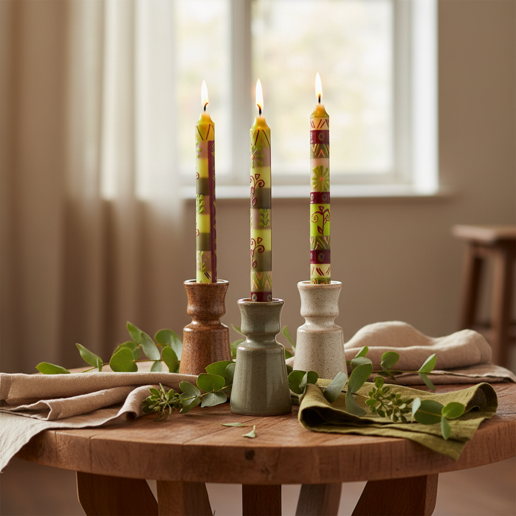 Hand-painted South African Kileo design tall taper candles in lime green and burgundy lit in ceramic holders with greenery