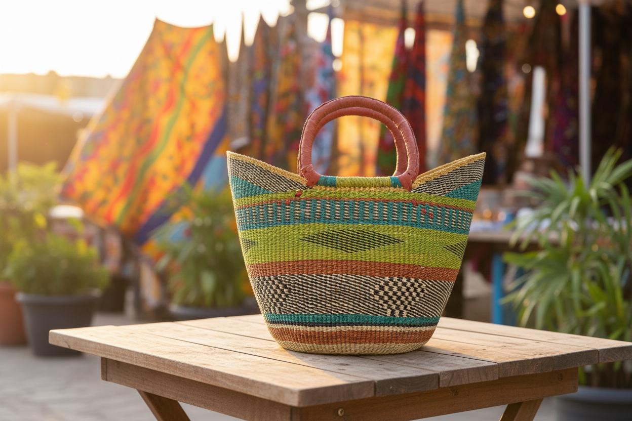 Bolga tote with colorful weave and leather handles styled in a warm café setting