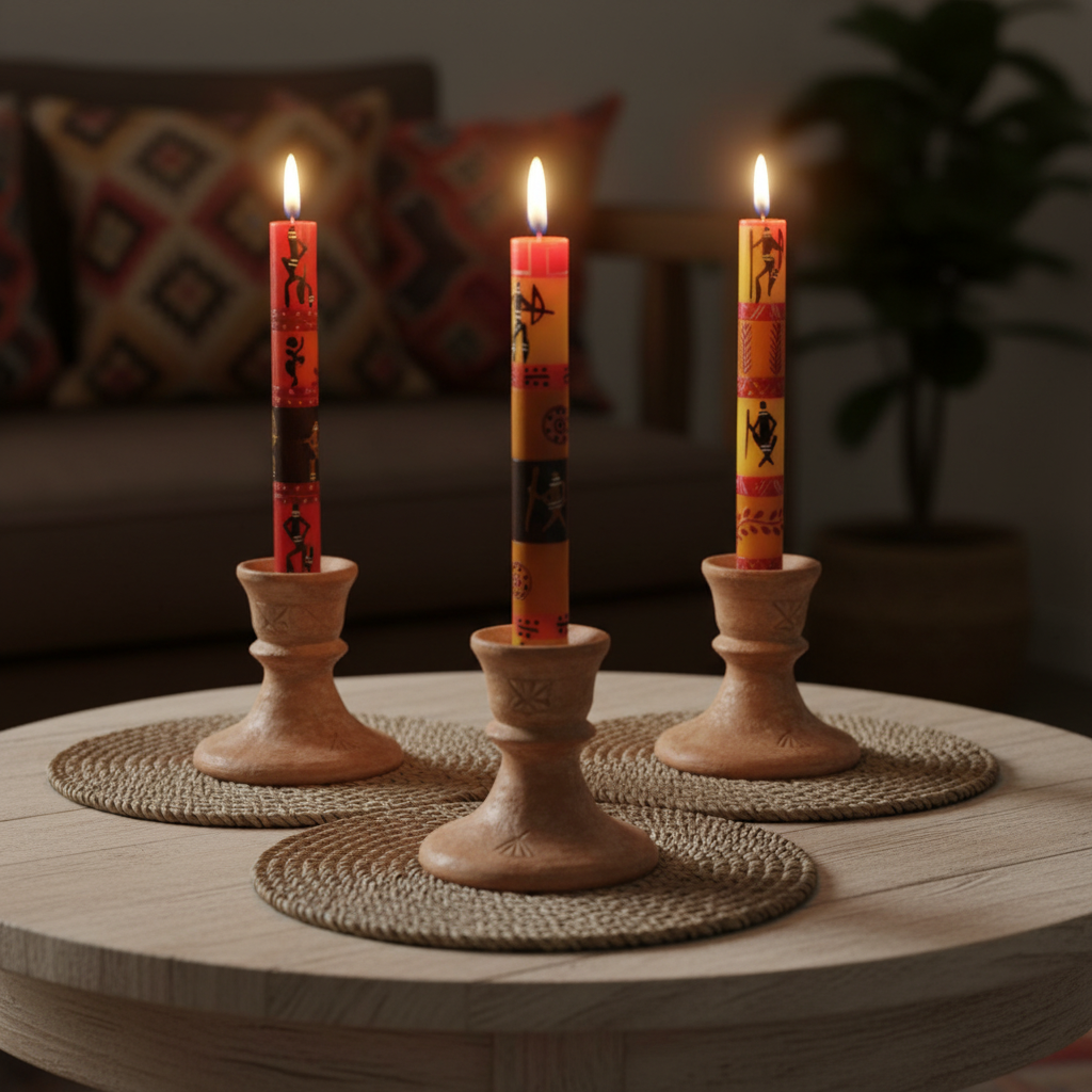 Hand-painted South African Damisi design tall taper candles lit in terracotta holders on a boho table with woven placemats