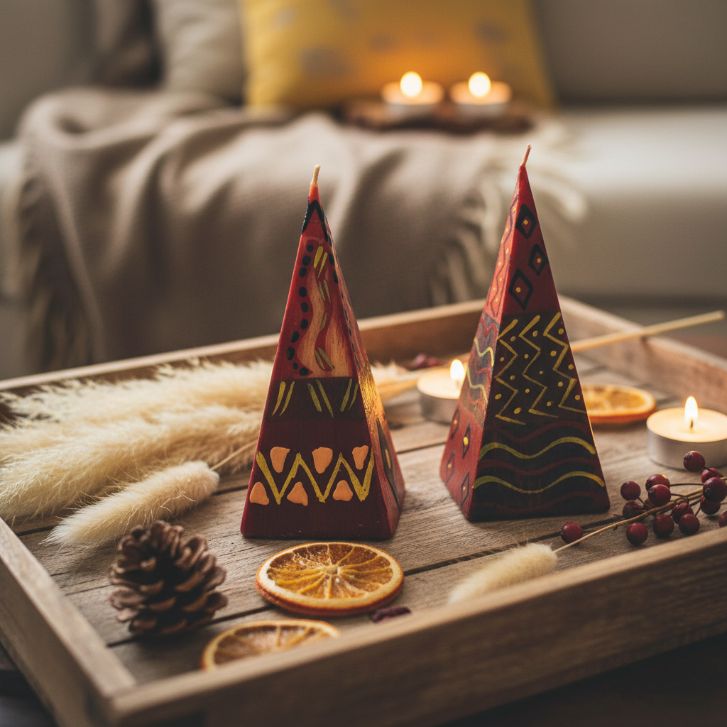 Two hand-painted South African Bongazi pyramid candles in deep burgundy and red with distinct flame chevron and diamond zigzag patterns on a rustic wooden tray