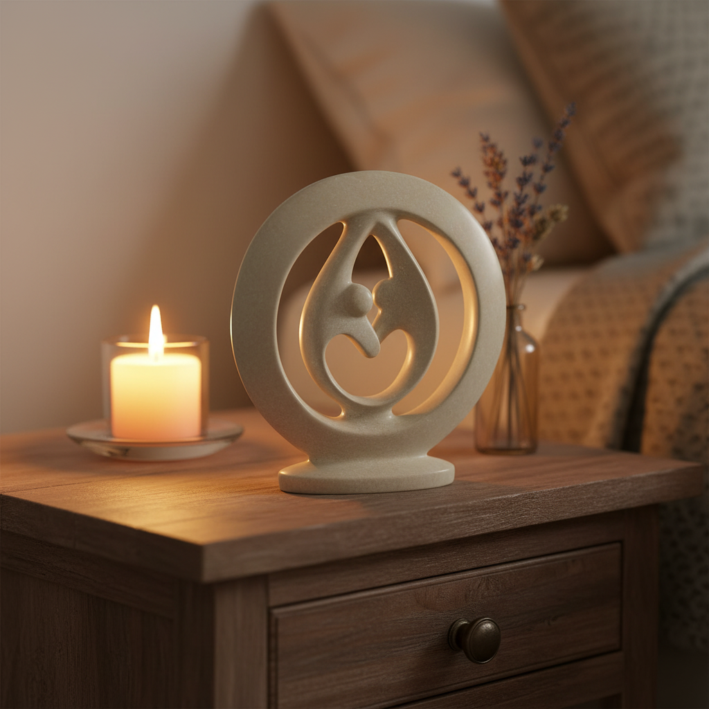 Hand-carved Kisii soapstone lover's embrace sculpture displayed on a wooden nightstand with candlelight