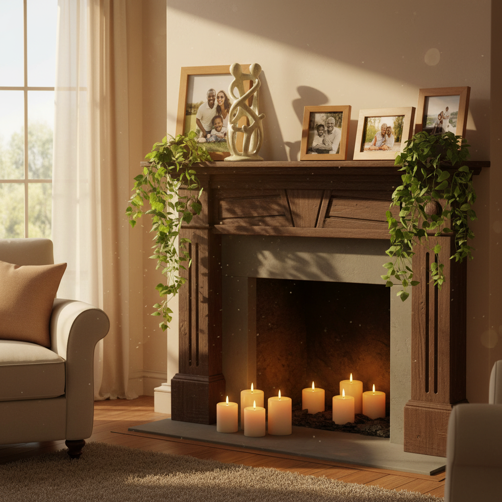 Soapstone family sculpture styled on a fireplace mantle with greenery, candles, and framed family photos