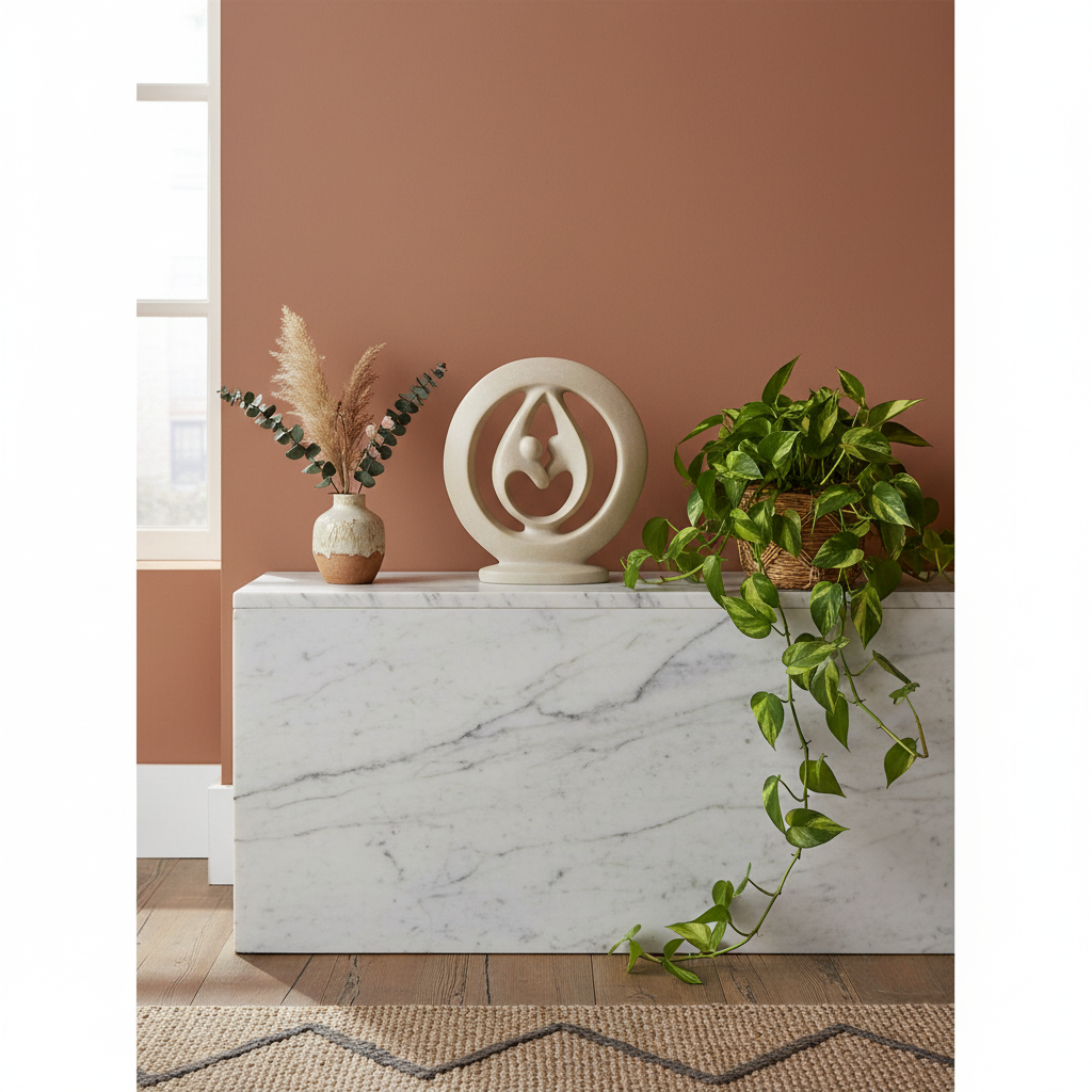 Soapstone lover's embrace sculpture styled on a marble mantle with greenery in a boho home setting