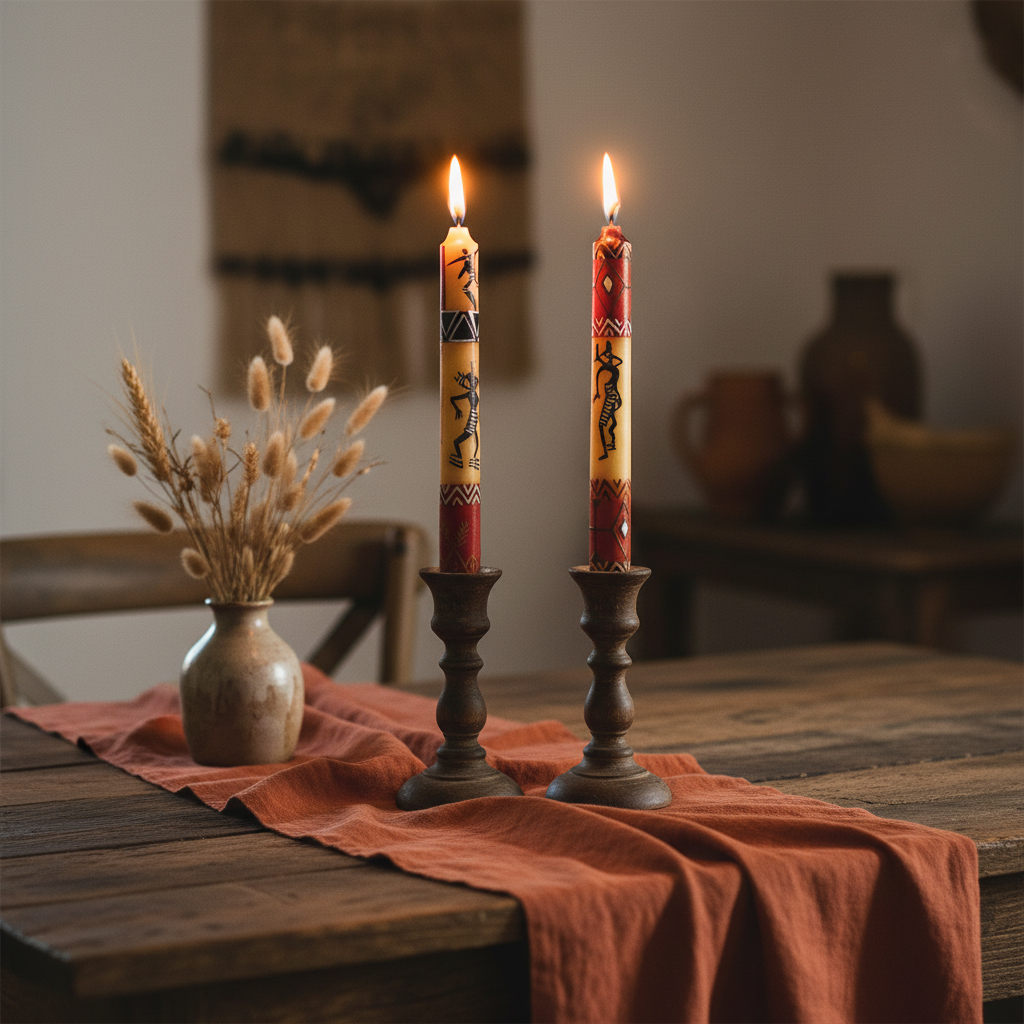Hand-painted South African Damisi design taper candles in earthy red, ochre and black with tribal dancer motifs lit in wood holders on a rustic dinner table