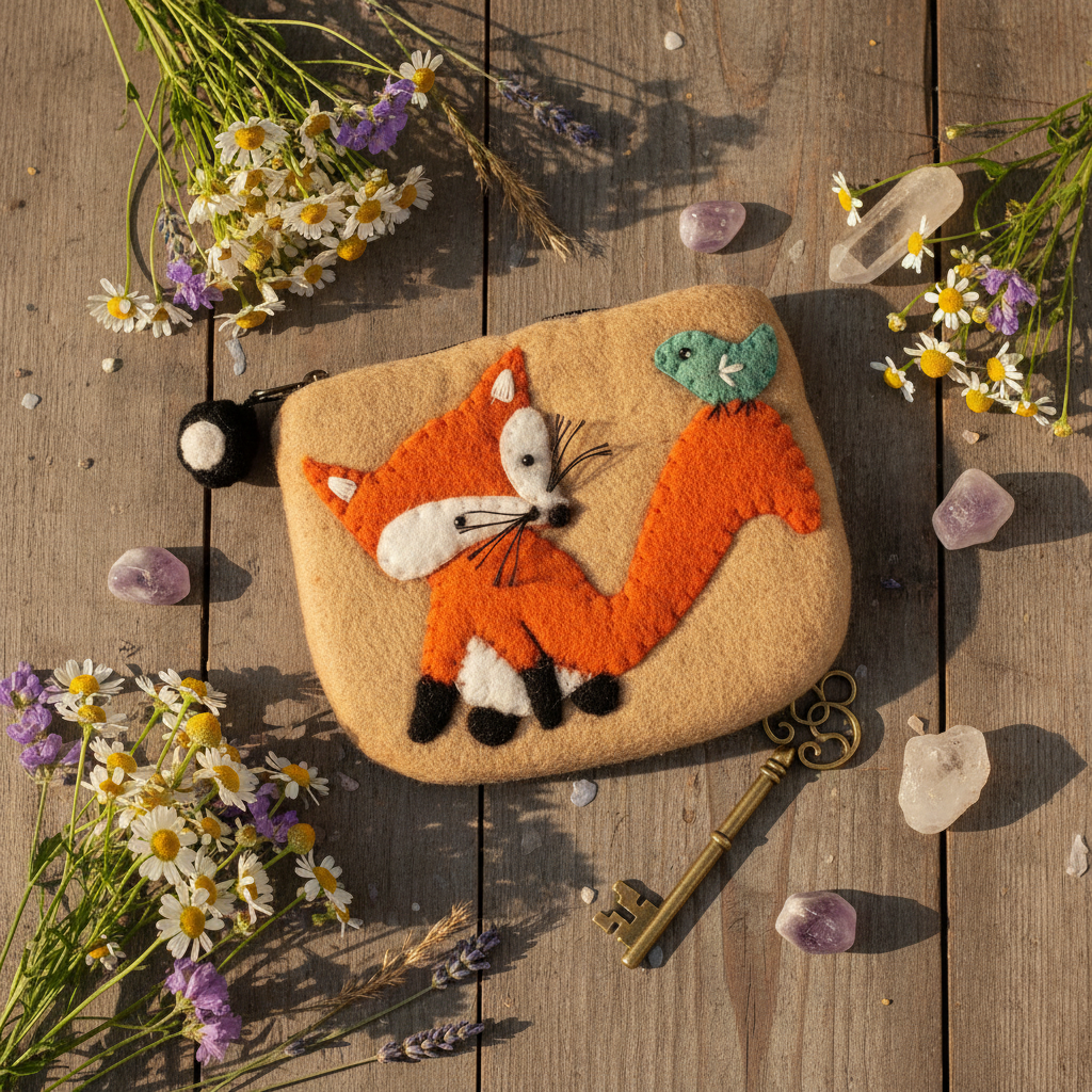 Felt fox coin purse styled in a boho flat lay with wildflowers and natural elements