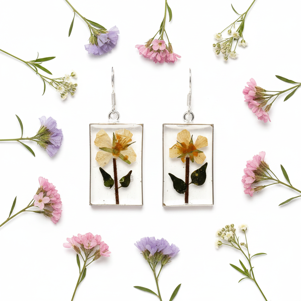 Pressed yellow flower rectangle dangle earrings flat lay on white surface with scattered dried wildflowers