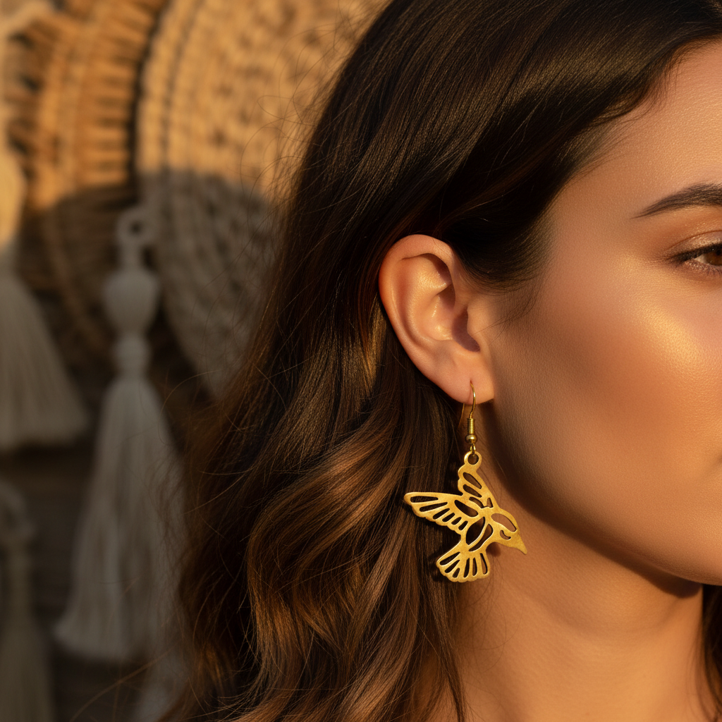 Tumbaga gold bird drop earrings with intricate cutout design worn on a model's ear