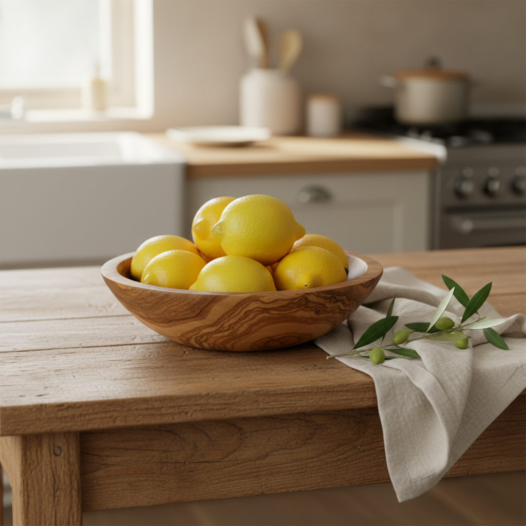 7.5-inch hand-carved olive wood bowl styled on a rustic kitchen table with fresh lemons and a linen napkin