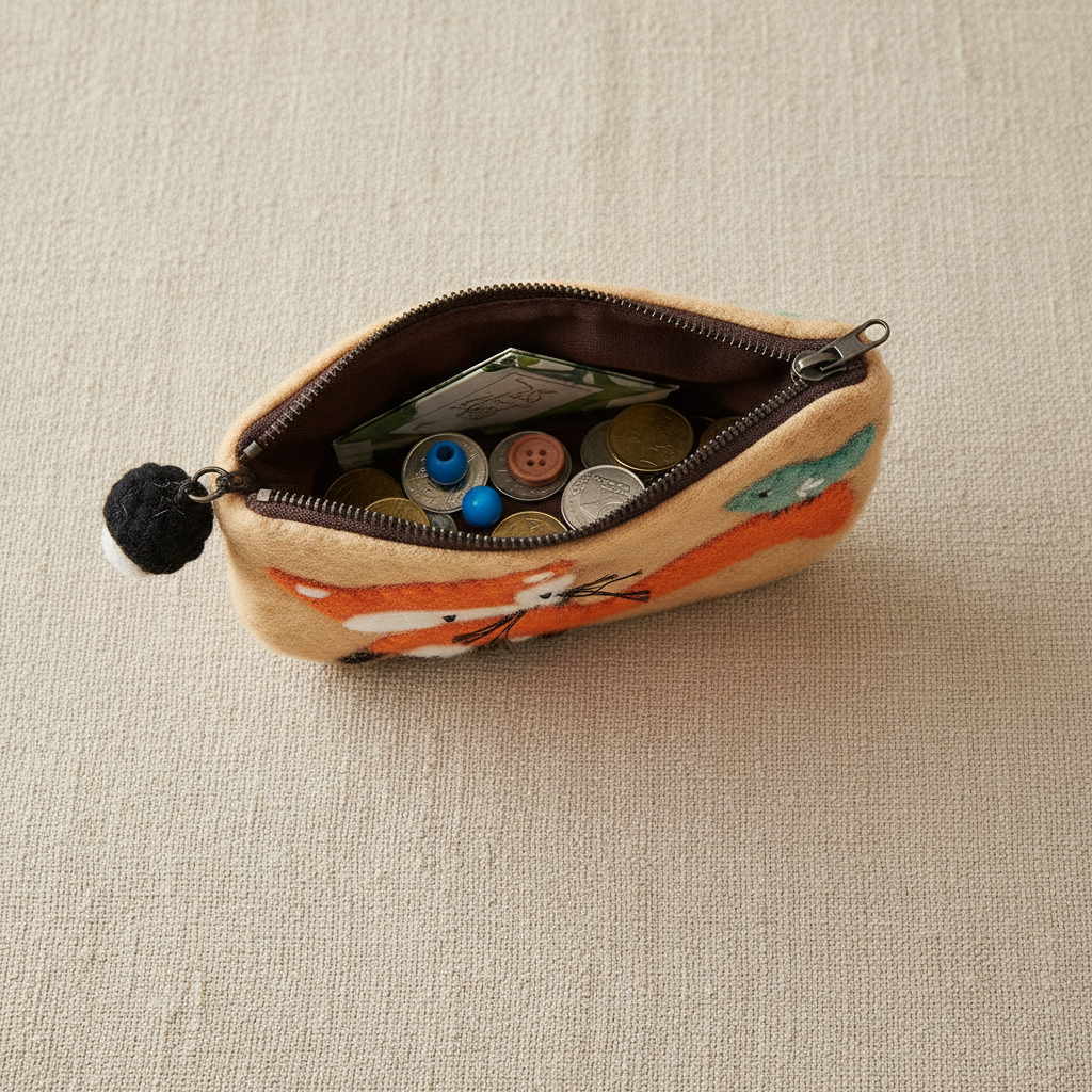 Handmade wool felt fox coin purse shown open displaying interior with coins