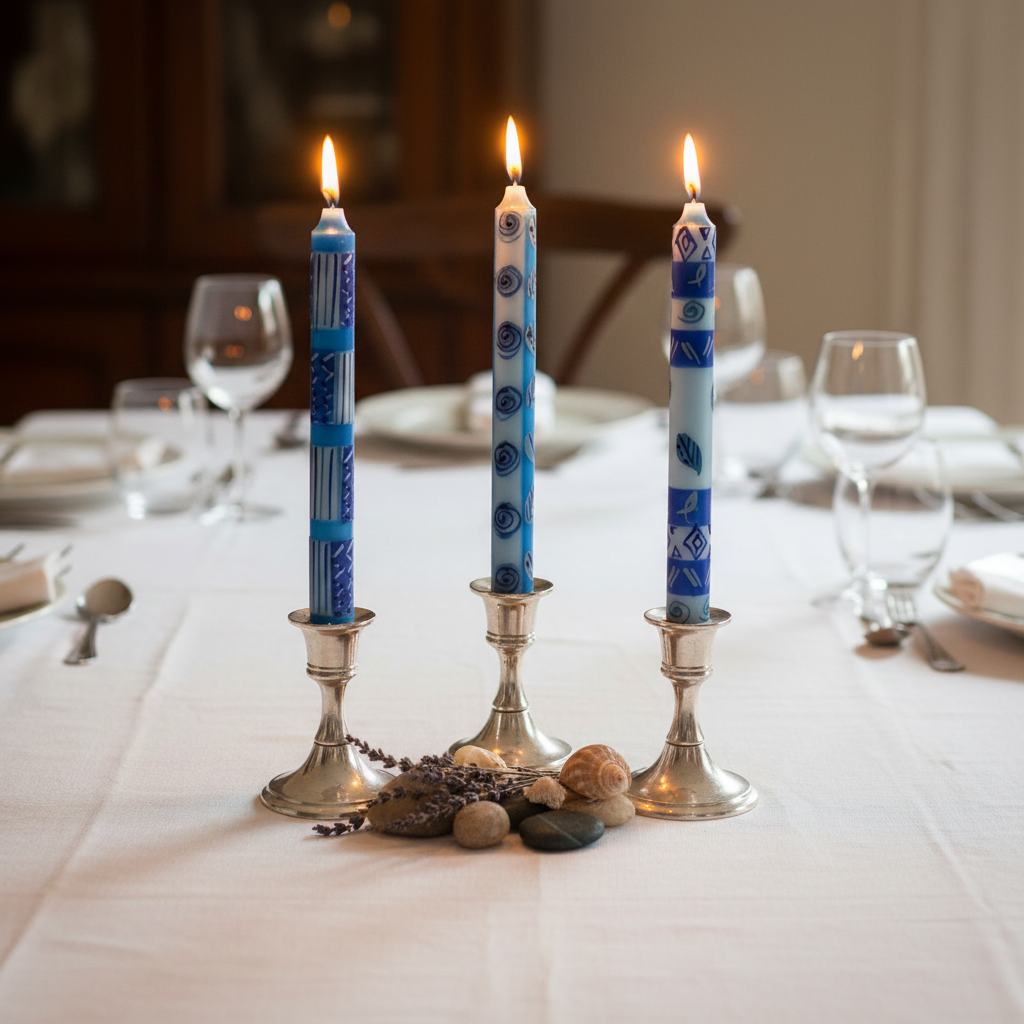 Hand-painted South African Feruzi design tall taper candles in blue and white lit in silver holders on an elegant dinner table