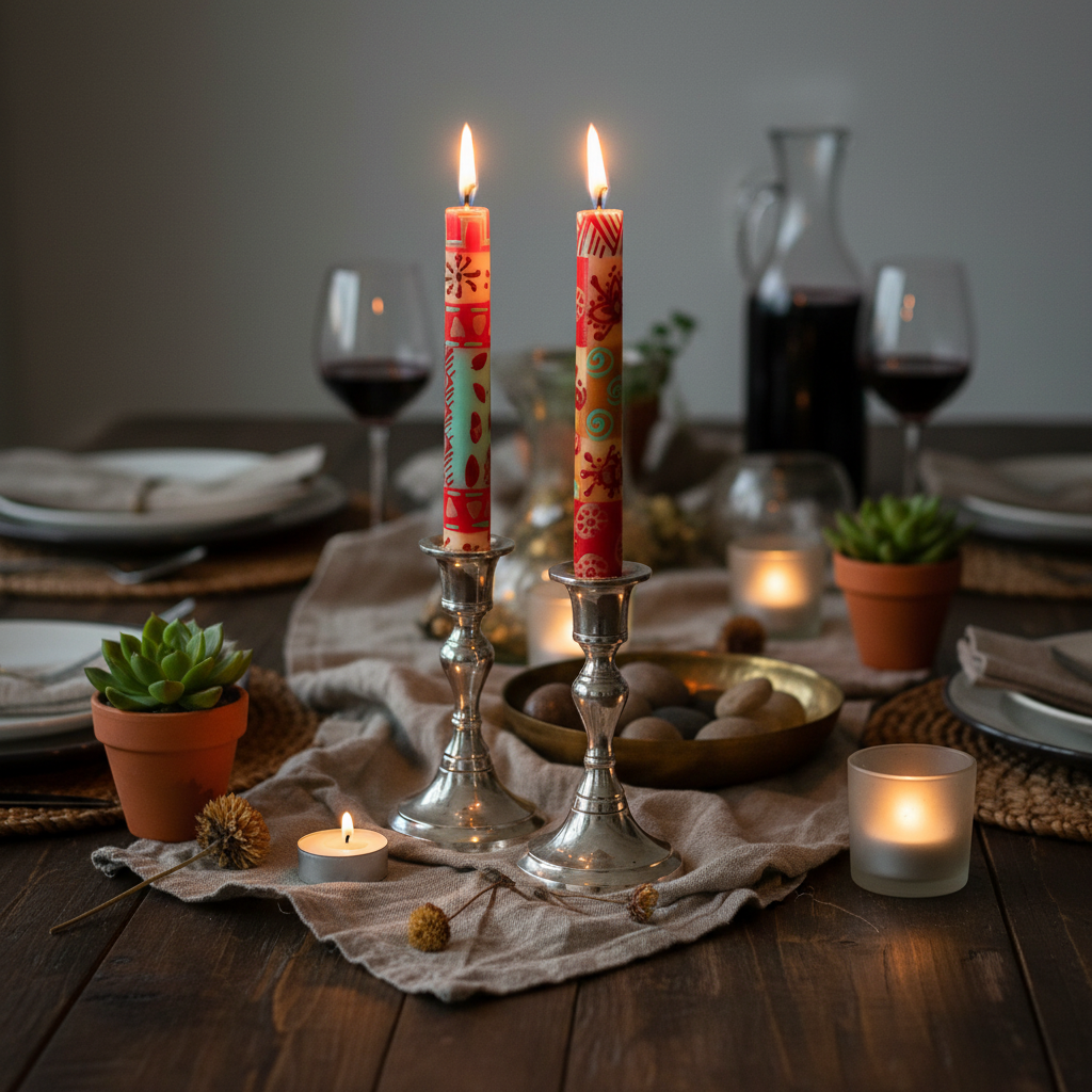 Hand-painted South African Owoduni design taper candles lit in silver candlestick holders on a dinner table