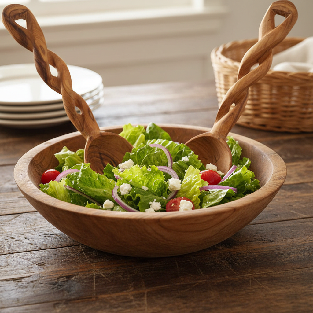 Hand-carved Kenyan olive wood salad serving set with twisted rope handles tossing a fresh green salad