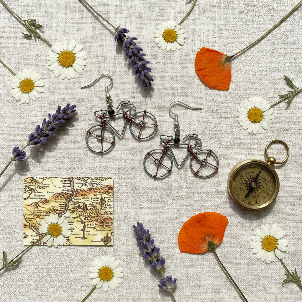 Recycled wire bicycle earrings styled in a boho adventurer flat lay with vintage map and wildflowers