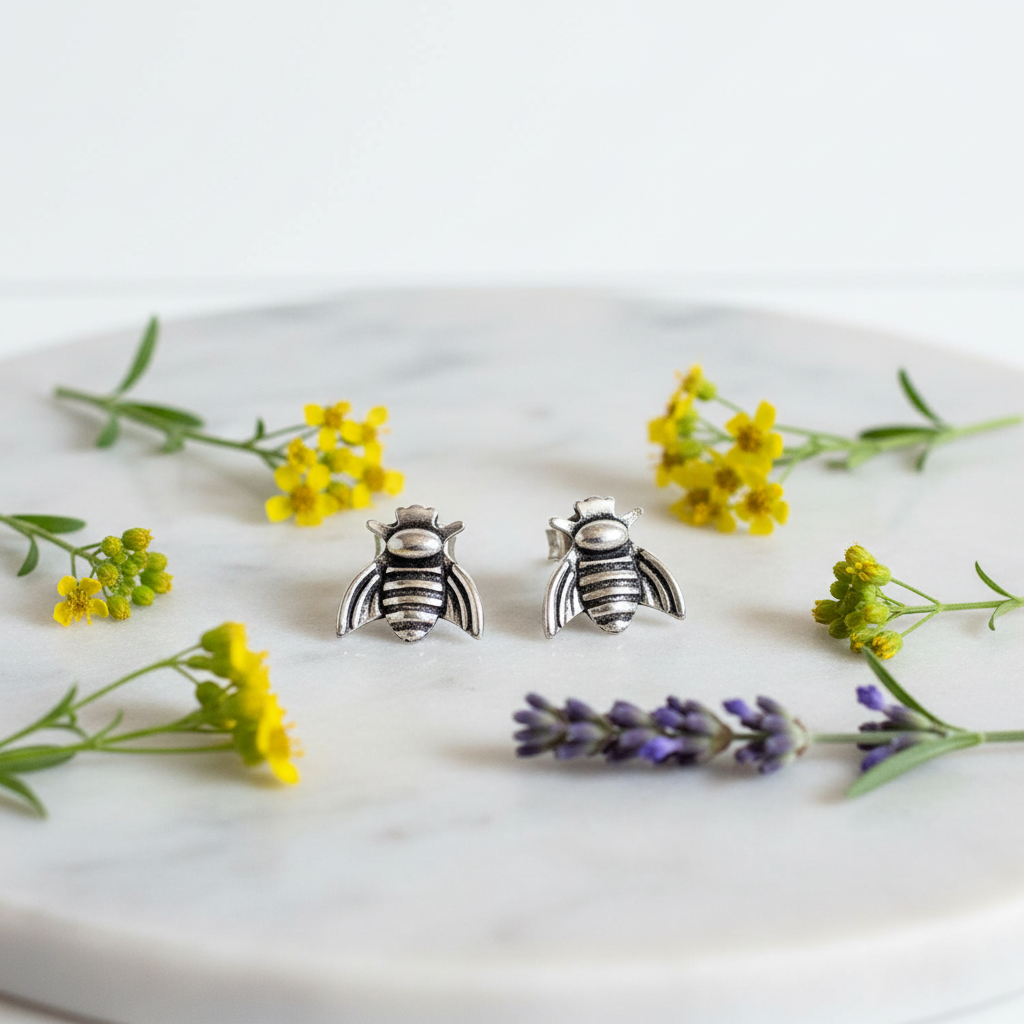 Silver honeybee stud earrings flat lay on white marble with yellow wildflowers and lavender