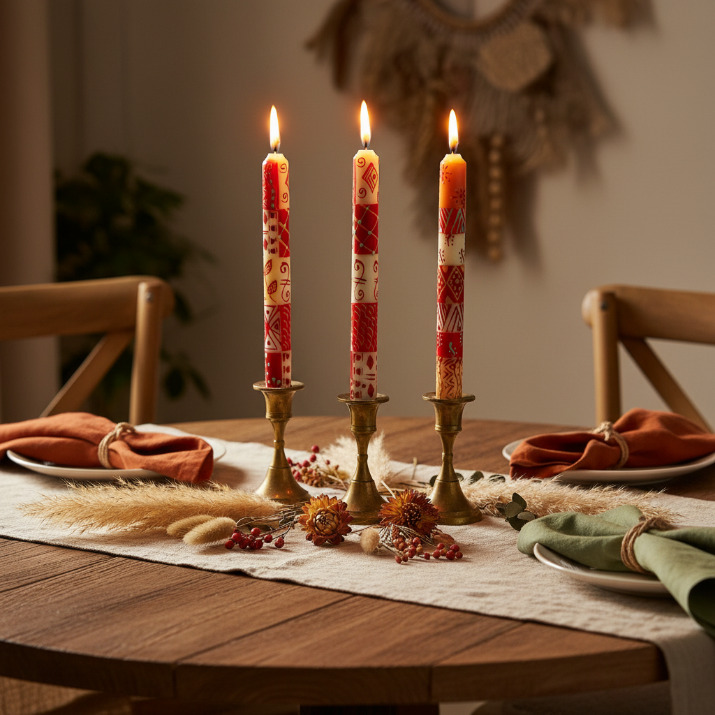 Hand-painted South African Owoduni design tall taper candles lit in brass candlestick holders on a boho dining table