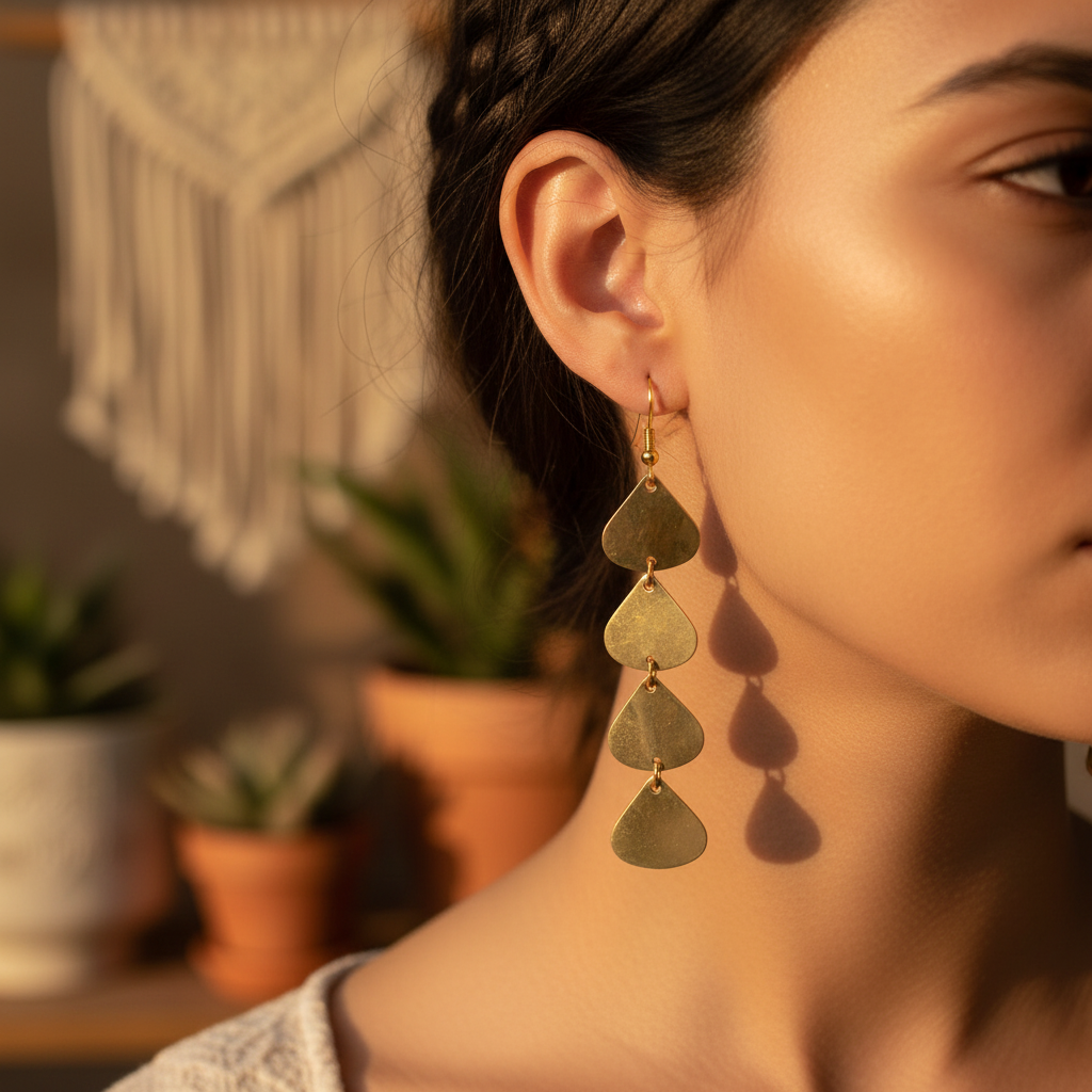 Geometric tiered brass drop earrings with cascading hammered gold teardrops worn on a model's ear