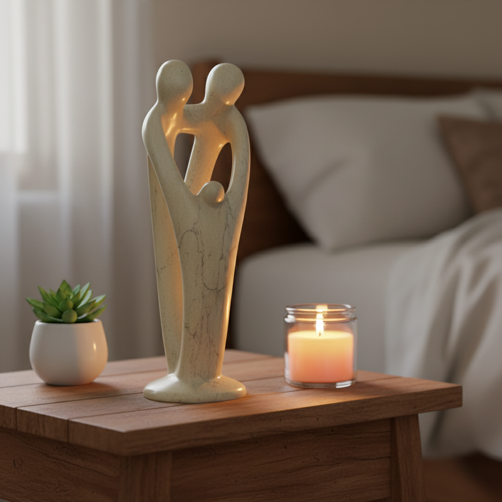 8-inch hand-carved Kisii soapstone family sculpture of 2 parents and 1 child on a bedside table with candlelight
