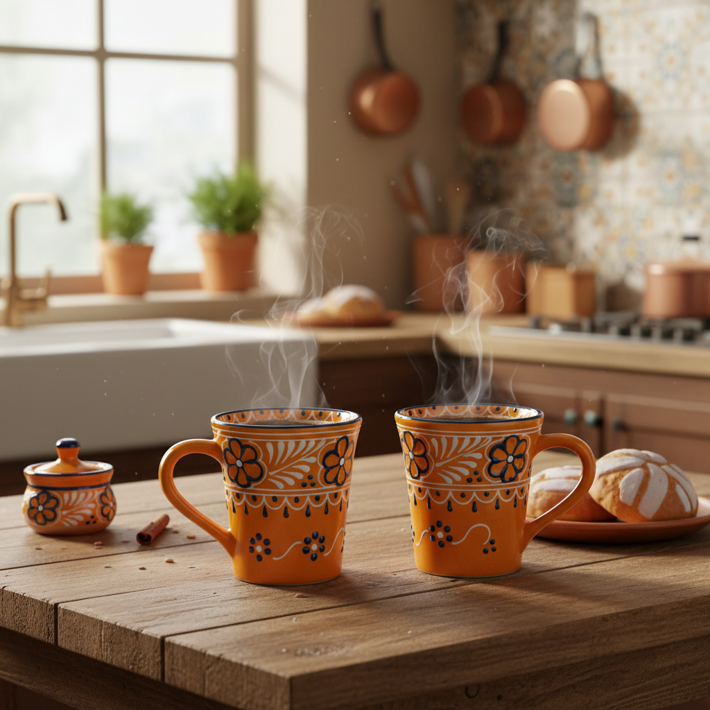 Pair of hand-painted mango orange Mexican ceramic flared cups with steaming coffee on a rustic wooden table