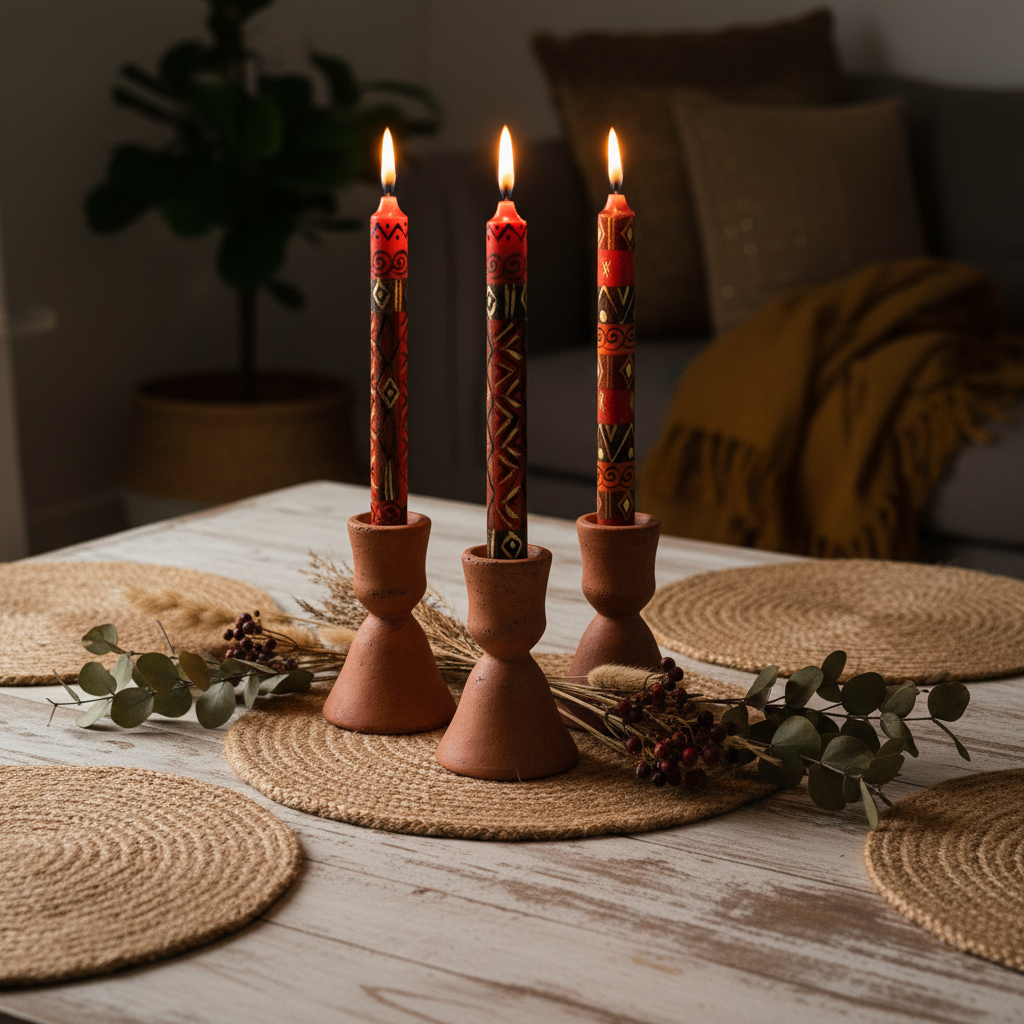 Hand-painted South African Bongazi design tall taper candles in red, orange and black lit in terracotta holders on a boho dining table