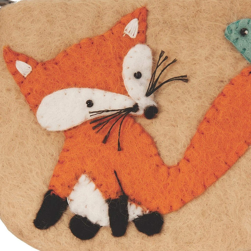 Close-up detail of hand-felted fox applique stitching on wool coin purse