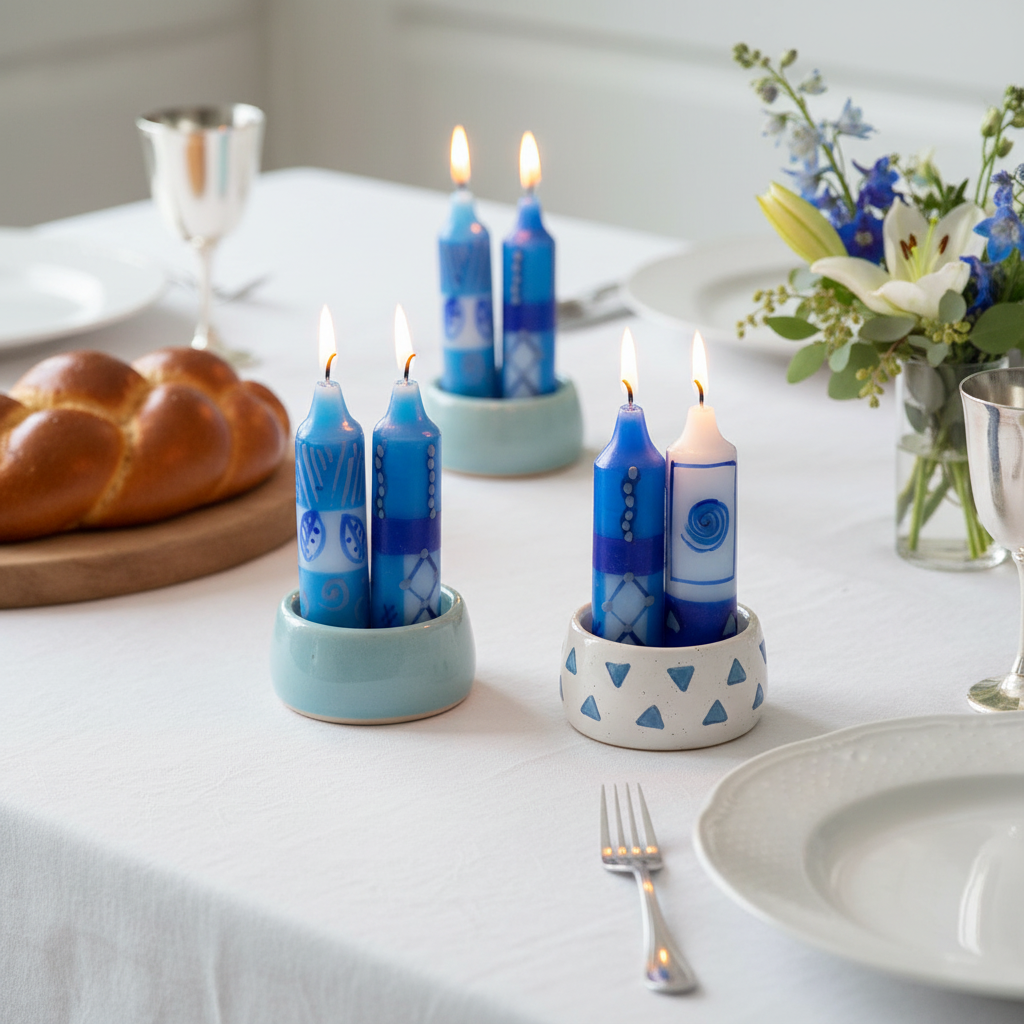 Hand-painted South African Feruzi design dinner candles lit in ceramic holders on a Shabbat table with white linen and challah bread