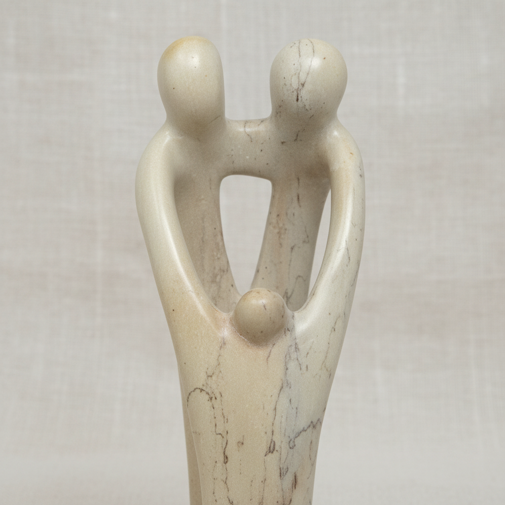Close-up detail of smooth waxed Kisii soapstone surface showing natural stone grain on family sculpture
