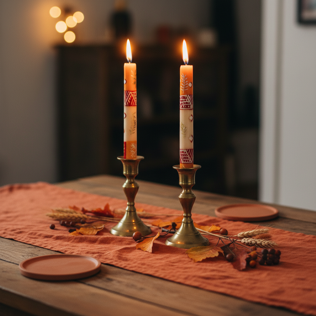 Hand-painted South African Kimweta design taper candles in red, amber and cream lit in brass holders on a warm terracotta dinner table