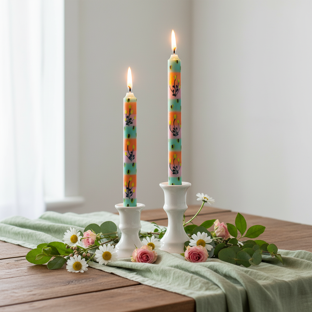 Hand-painted South African Imbali design taper candles in mint green, teal and orange with botanical florals lit in white ceramic holders on a bright spring table