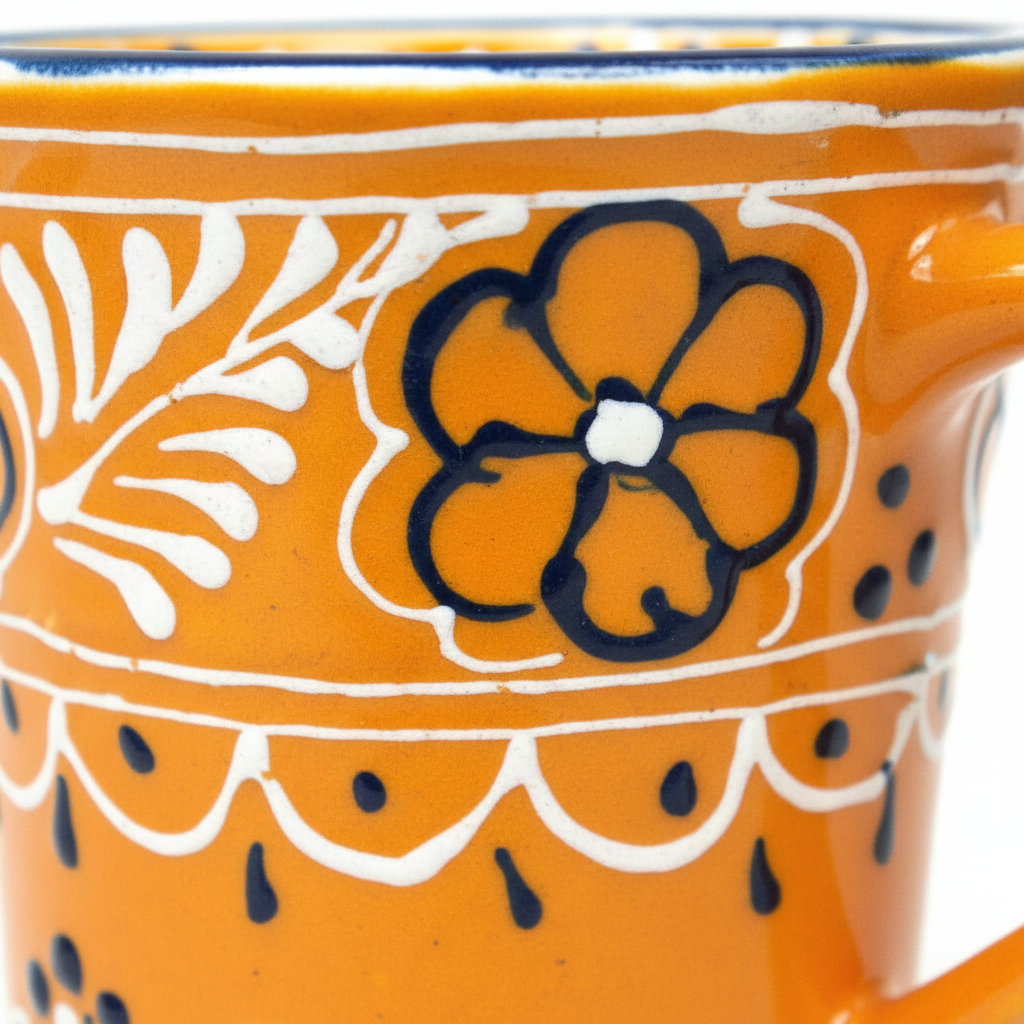 Close-up detail of hand-painted folk art brushwork on mango orange Mexican ceramic cup