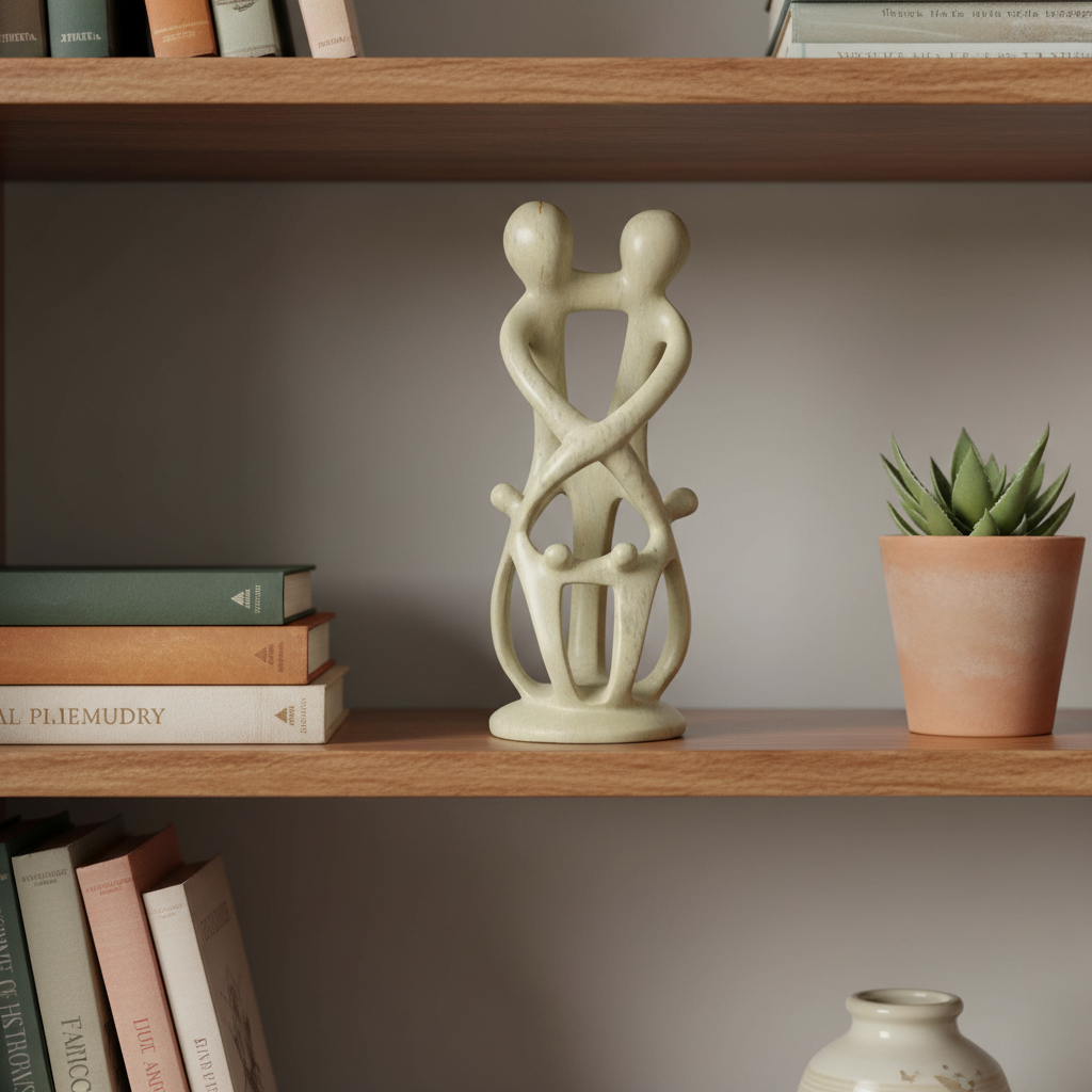 10-inch hand-carved Kisii soapstone family sculpture displayed on a warm wood bookshelf with books and a plant