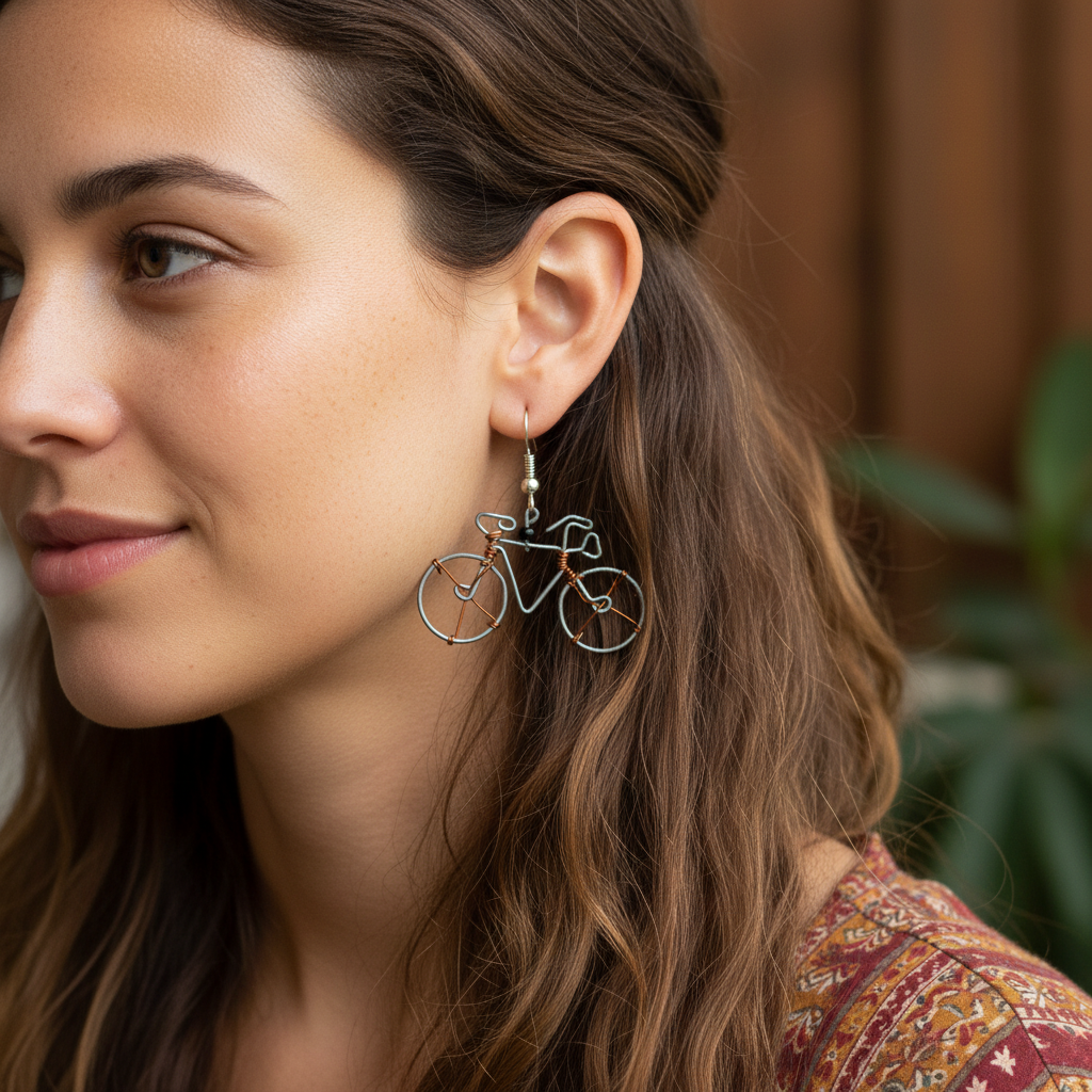 Handmade recycled wire bicycle earrings worn on a model's ear, boho lifestyle