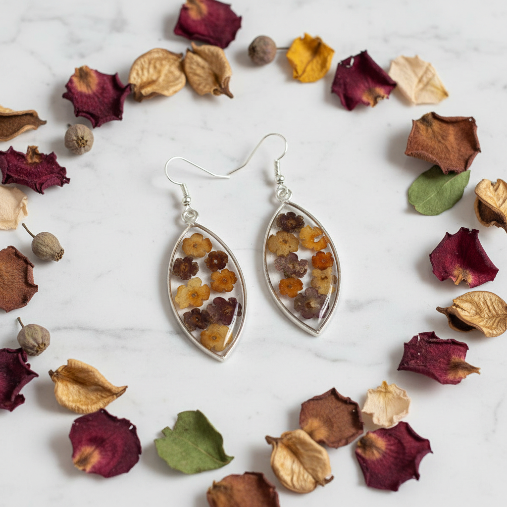 Flowers in resin ellipse earrings flat lay on white marble with scattered dried petals