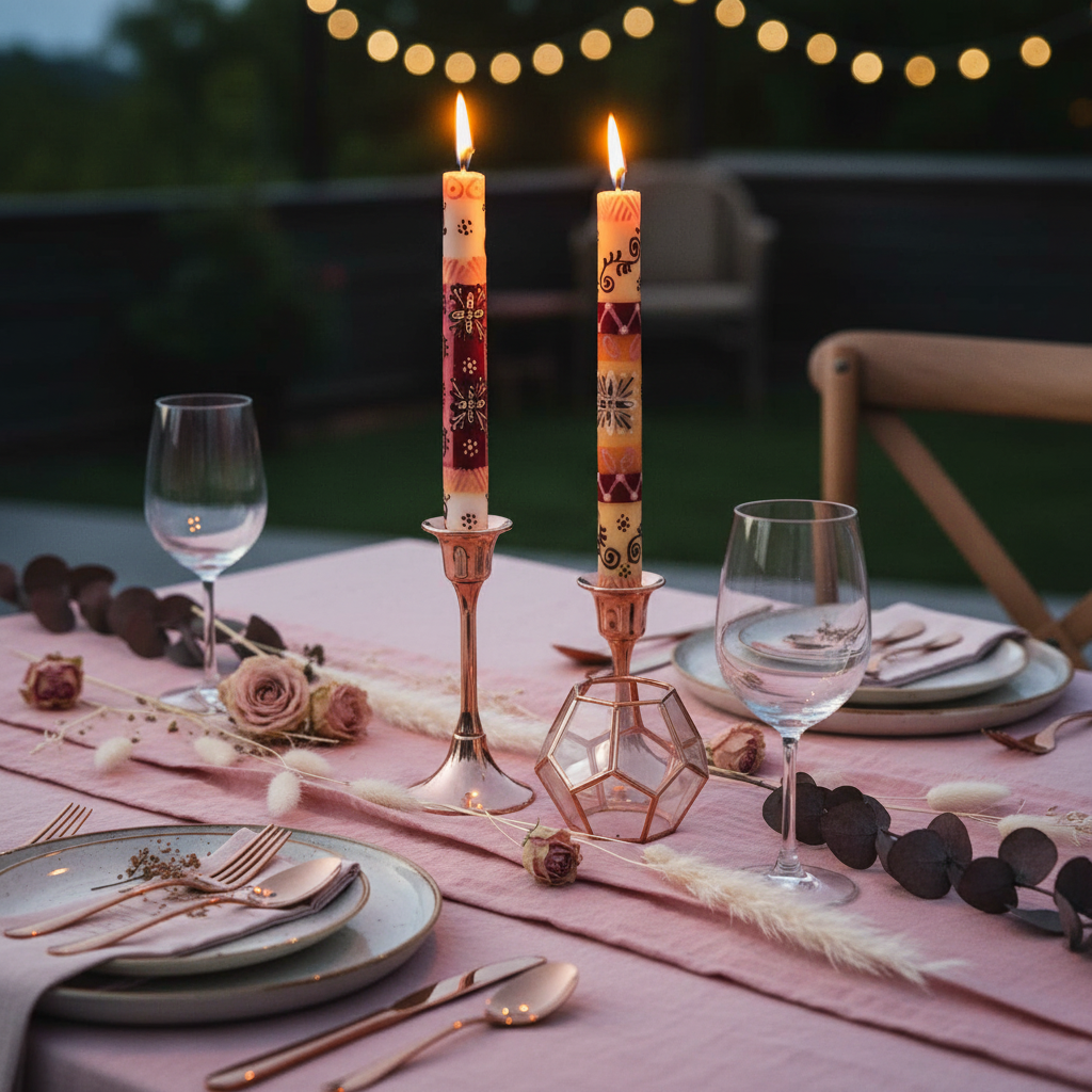 Hand-painted South African Halisi design taper candles in pink, burgundy and cream lit in rose gold holders on a romantic dinner table