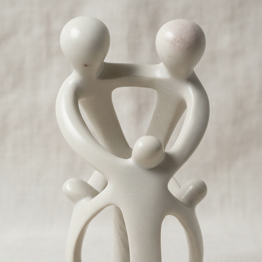 Close-up detail of smooth waxed white Kisii soapstone surface showing natural grain on family sculpture