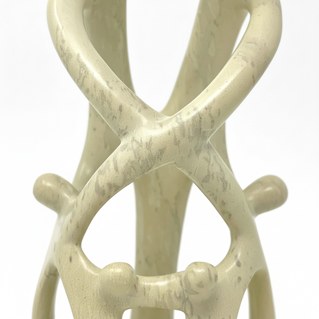 Close-up detail of smooth satiny Kisii soapstone surface showing natural grain and artisan carving of intertwined family figures