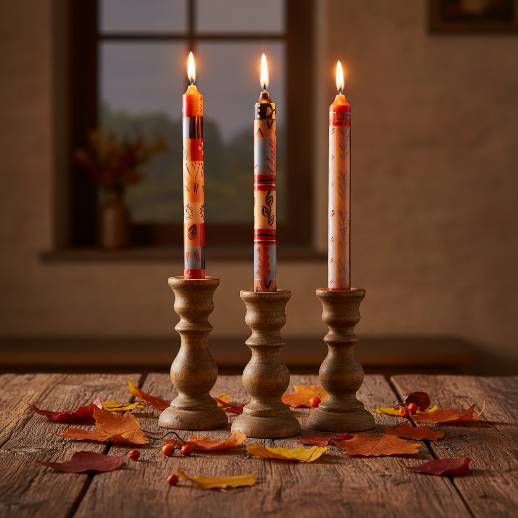Hand-painted South African Uzushi design tall taper candles lit in wooden candlestick holders on a rustic table with autumn leaves