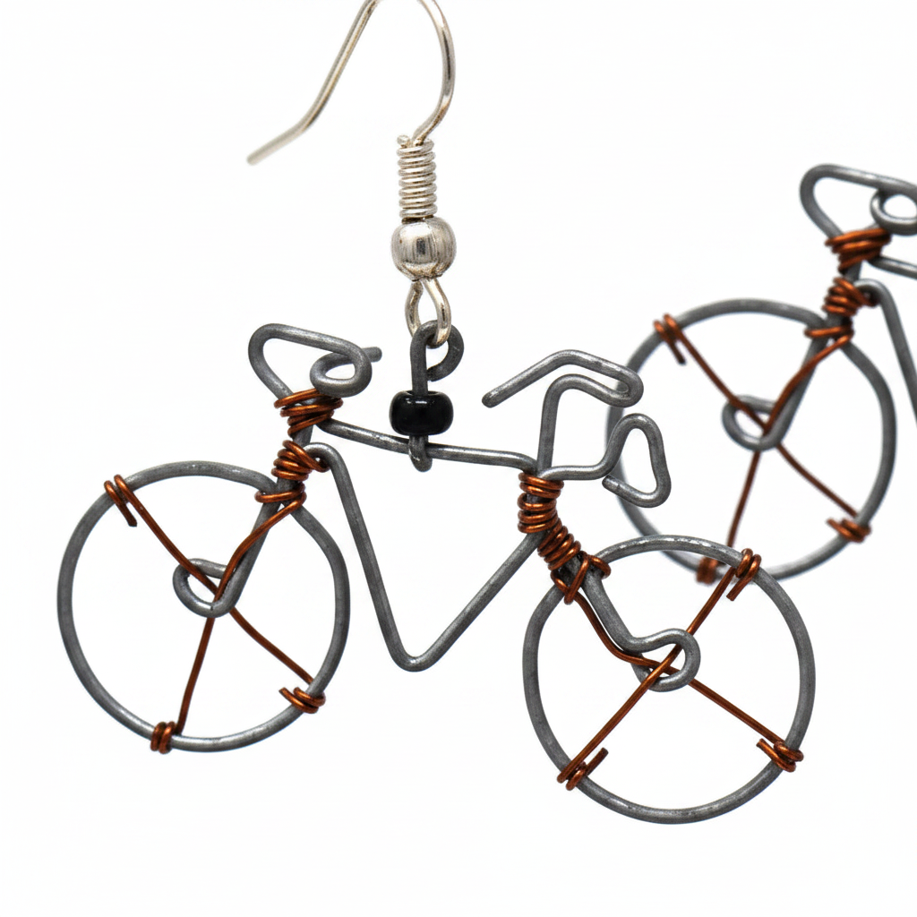 Close-up macro detail of recycled wire bicycle earrings showing copper and silver wire wrapping and black glass bead