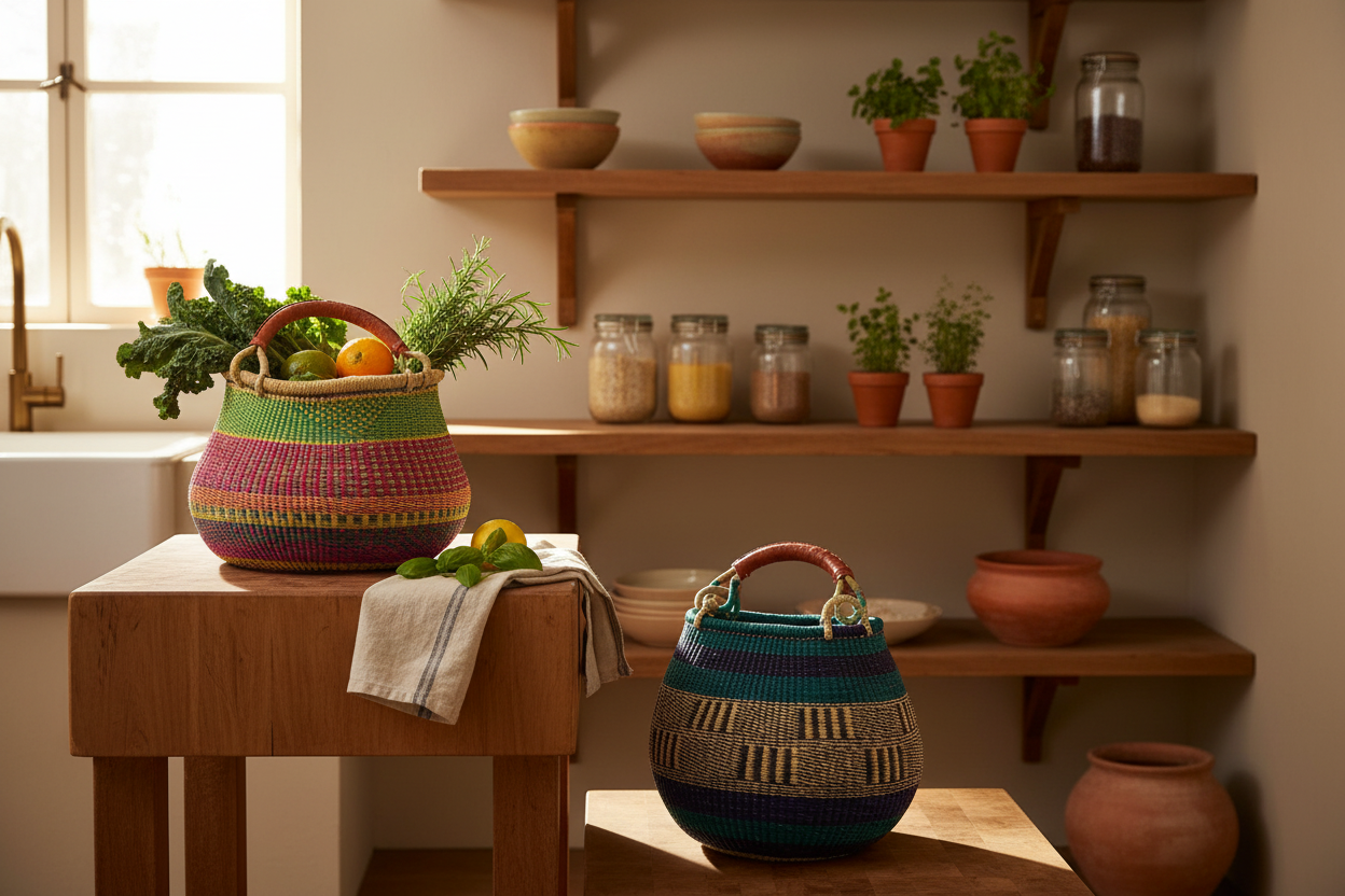 Bolga Pot Design Market Basket, Mixed Colors