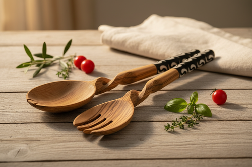 Olive Wood Salad Serving Set Close-Up