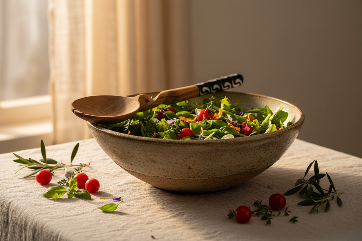 Olive Wood Salad Serving Set Lifestyle Shot